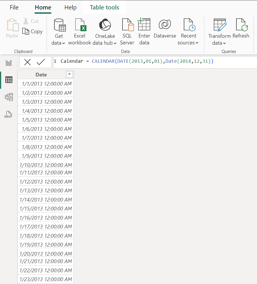 Screenshot of calendar table created with DAX expression.