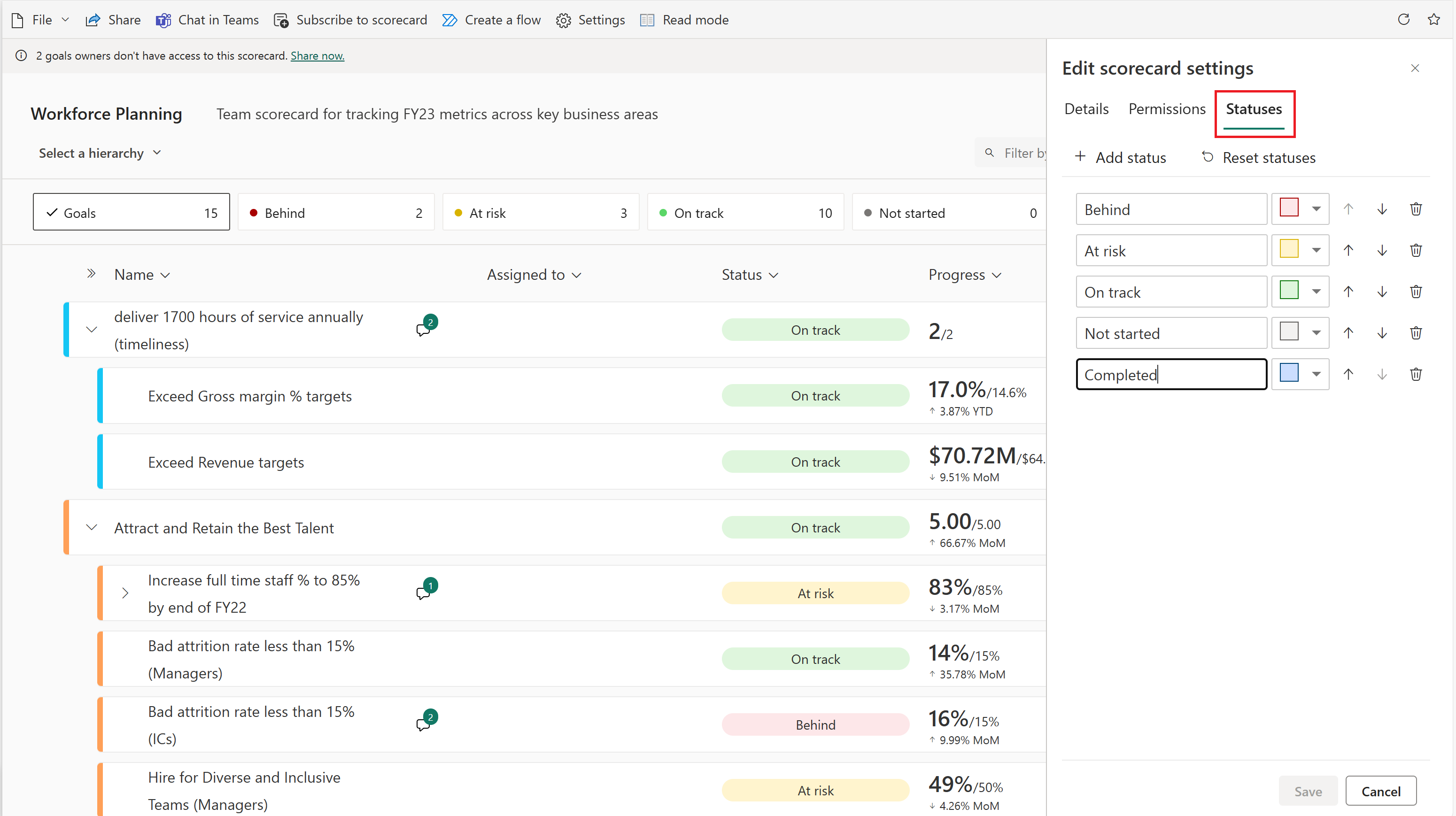 Screenshot of A view of the edit status pane open, customizing statuses.