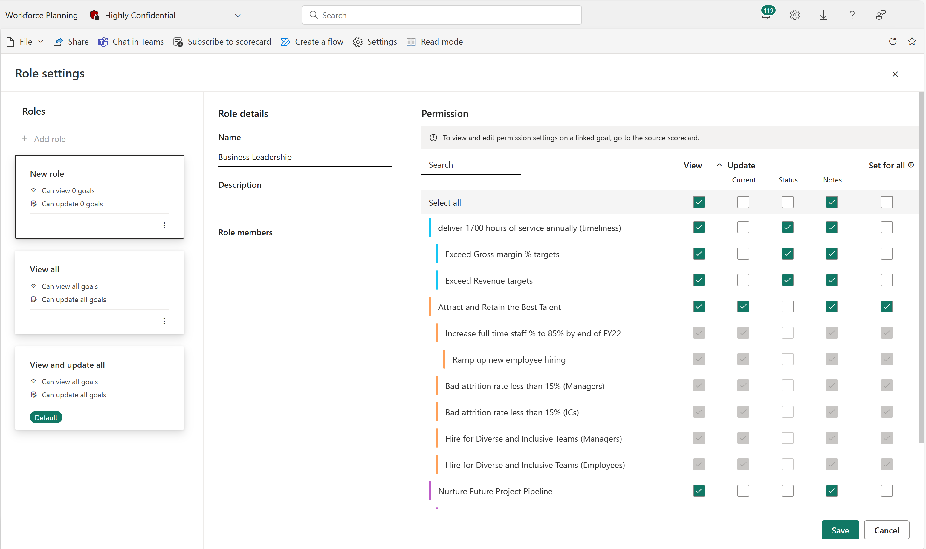 Screenshot of the goal-level permission settings open and editable.