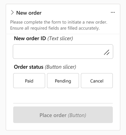Screenshot that shows a report example that contains two slicers and a data function button.
