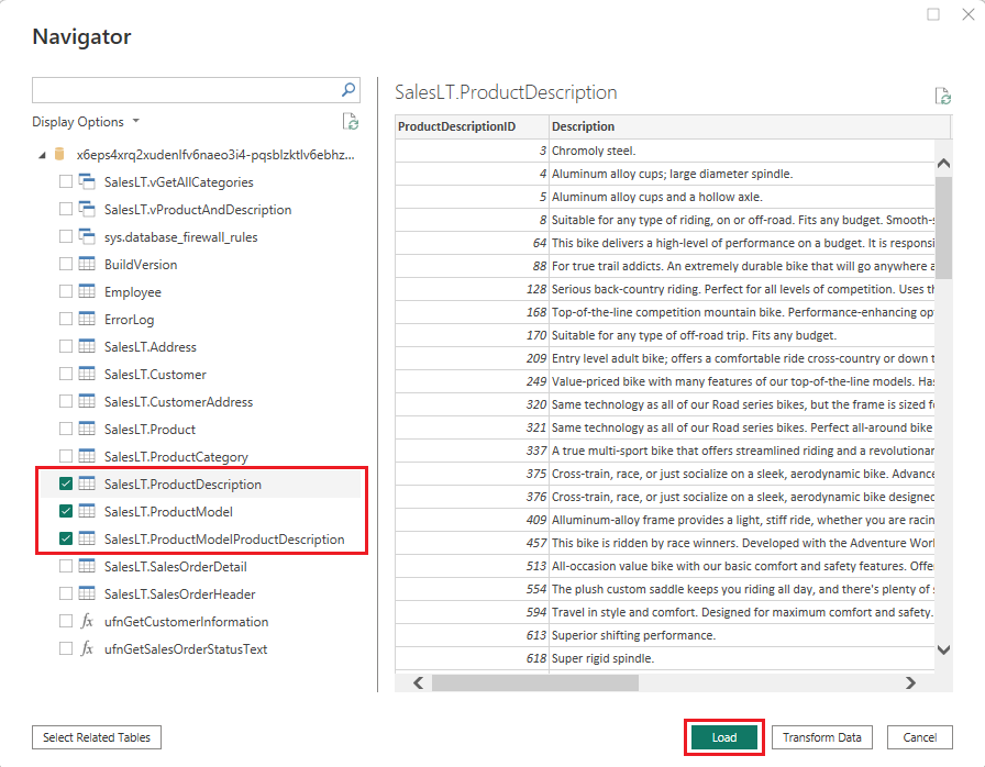 Screenshot that shows loading three tables from the sample dataset into the Power BI report.
