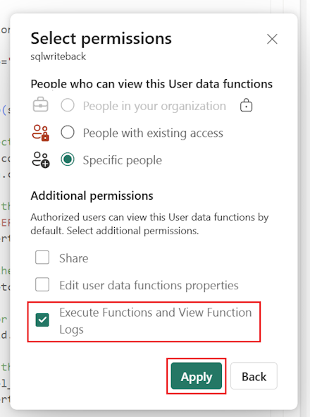 Screenshot that shows adding the 'execute functions and view function logs' permissions.