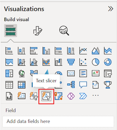 Screenshot that shows selecting the 'text slicer' visualization to add to the report.