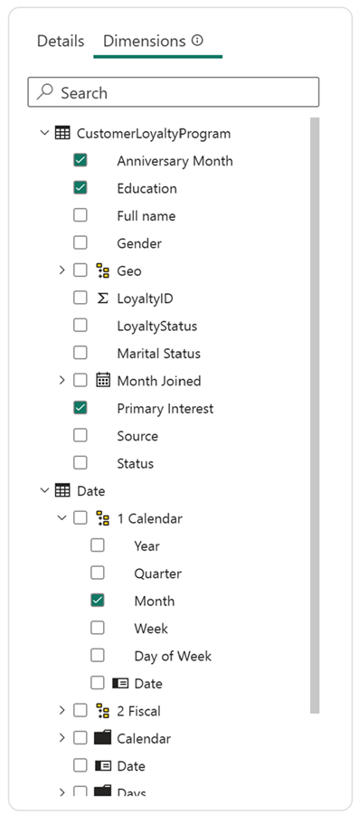 Screenshot showing anniversary month, education, primary interest, and month fields selected as dimensions.