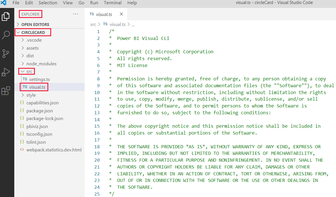 Screenshot of accessing the visual.ts file in VS code.