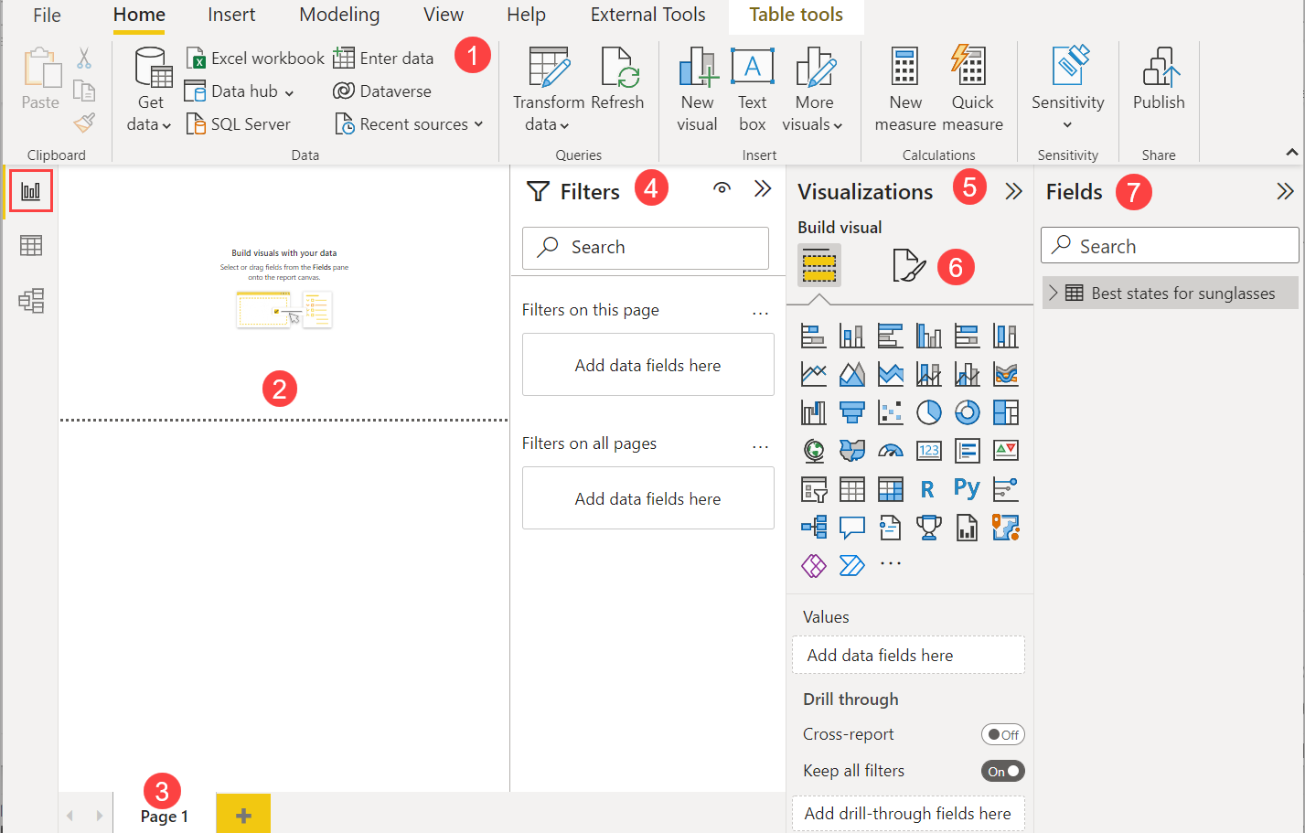 Screenshot of Power B I Desktop showing the Report view.