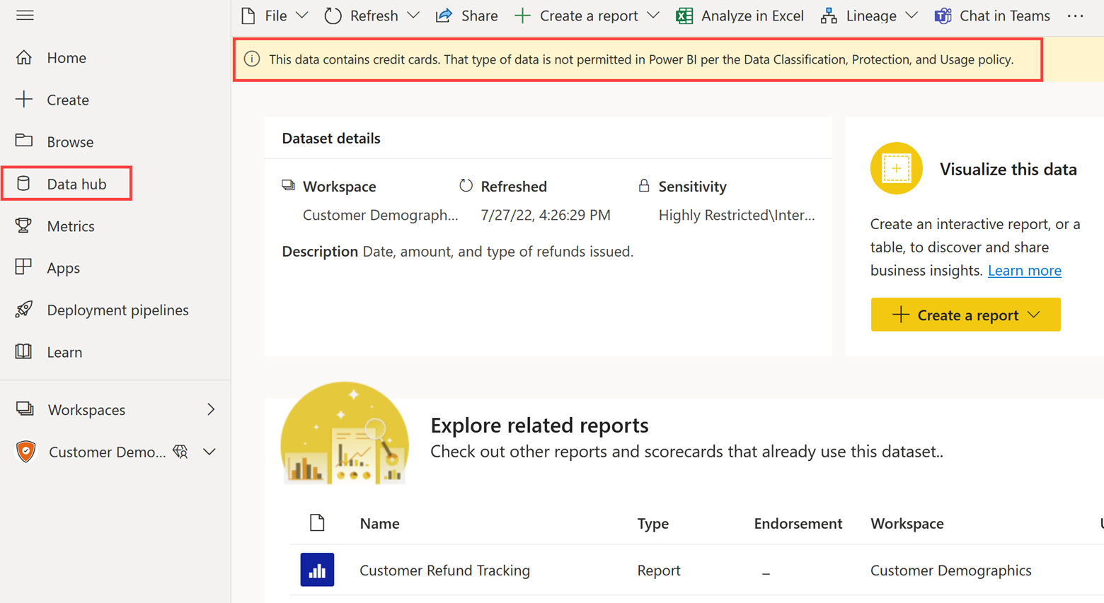Screenshot shows a DLP user notification across the top of the OneLake catalog page.