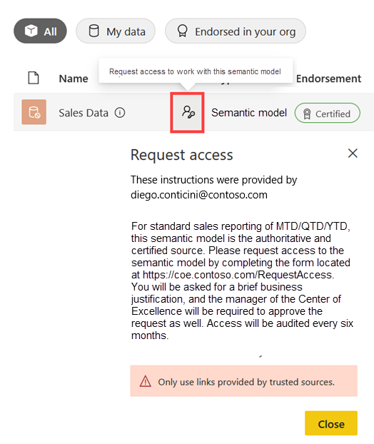 Screenshot of the request access message in the OneLake catalog, for a semantic model that's set to be discoverable.