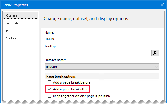 Screenshot shows a tablix Properties window. The Add a page break after property is enabled.