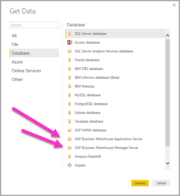 Screenshot that shows the Get Data options for SAP.
