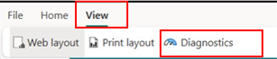 Screenshot of the diagnostics ribbon option on the View menu.