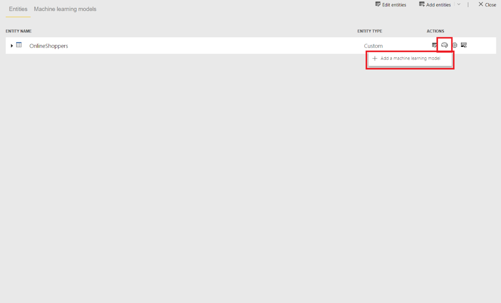 Screenshot of the Add a machine learning model action highlighted on a dataflow entity.