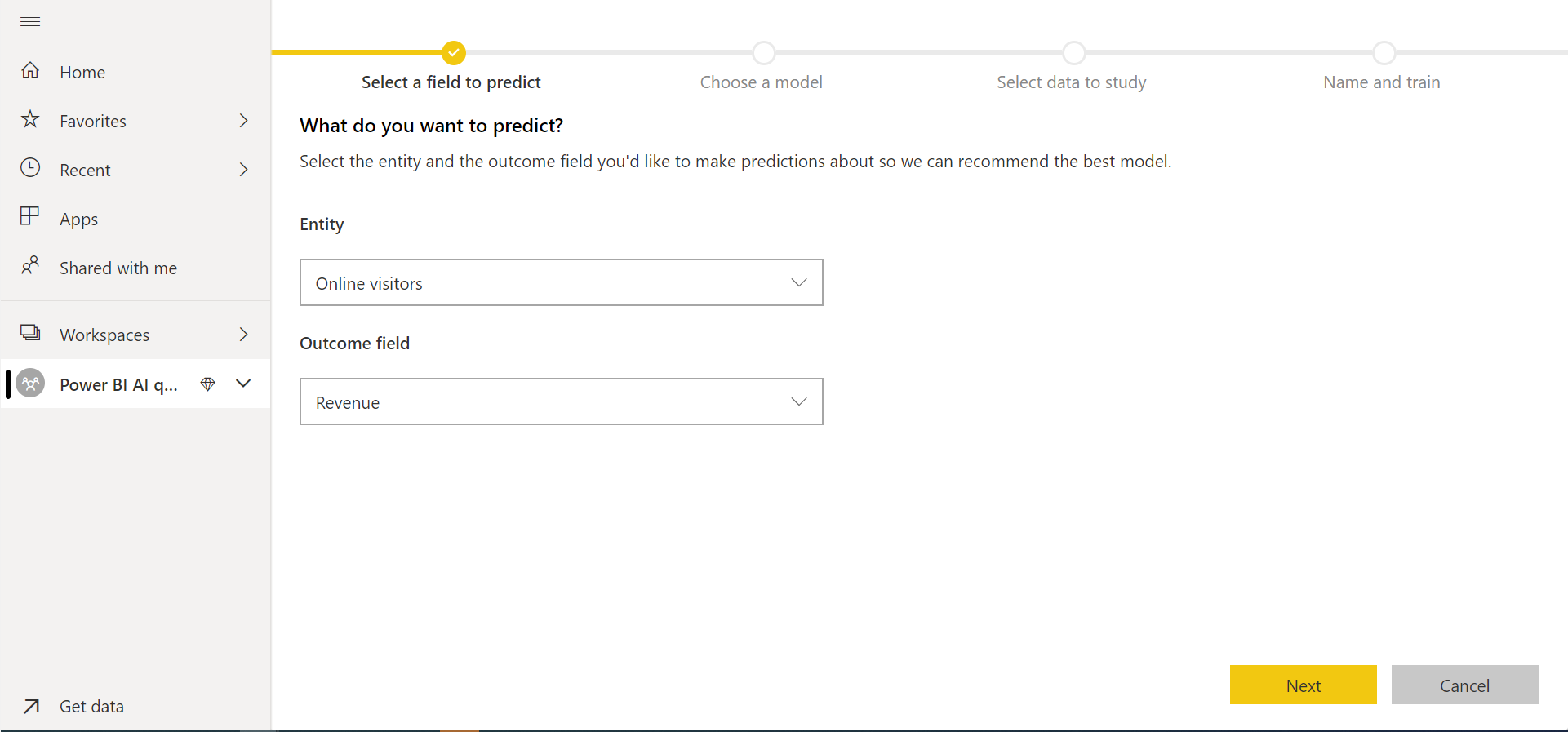 Screenshot of the Select a field to predict page.
