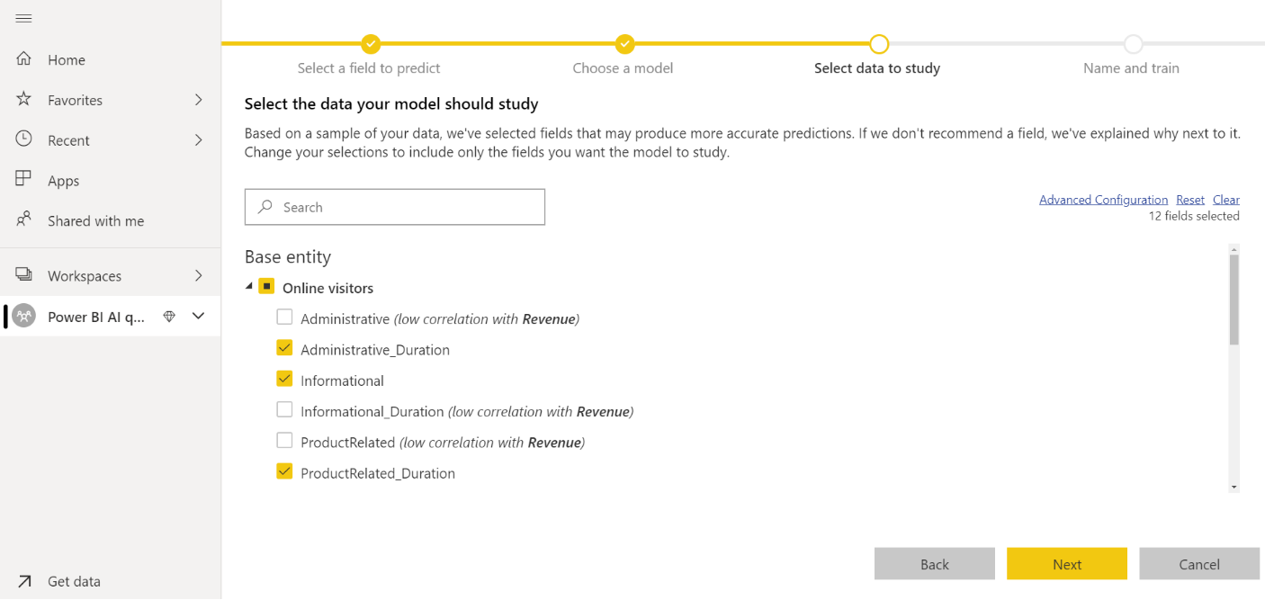 Screenshot of the Select data to study page.