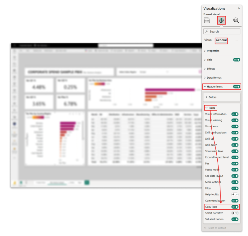 Image of Power BI service highlighting location of 'Copy icon' selected.