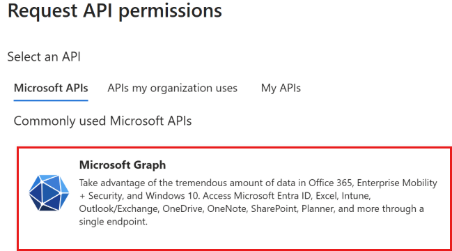 Screenshot of Request API permissions panel showing Microsoft APIs tab with Microsoft Graph option.