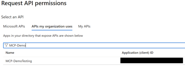 Screenshot of the API selection showing the search results for the organization's APIs.