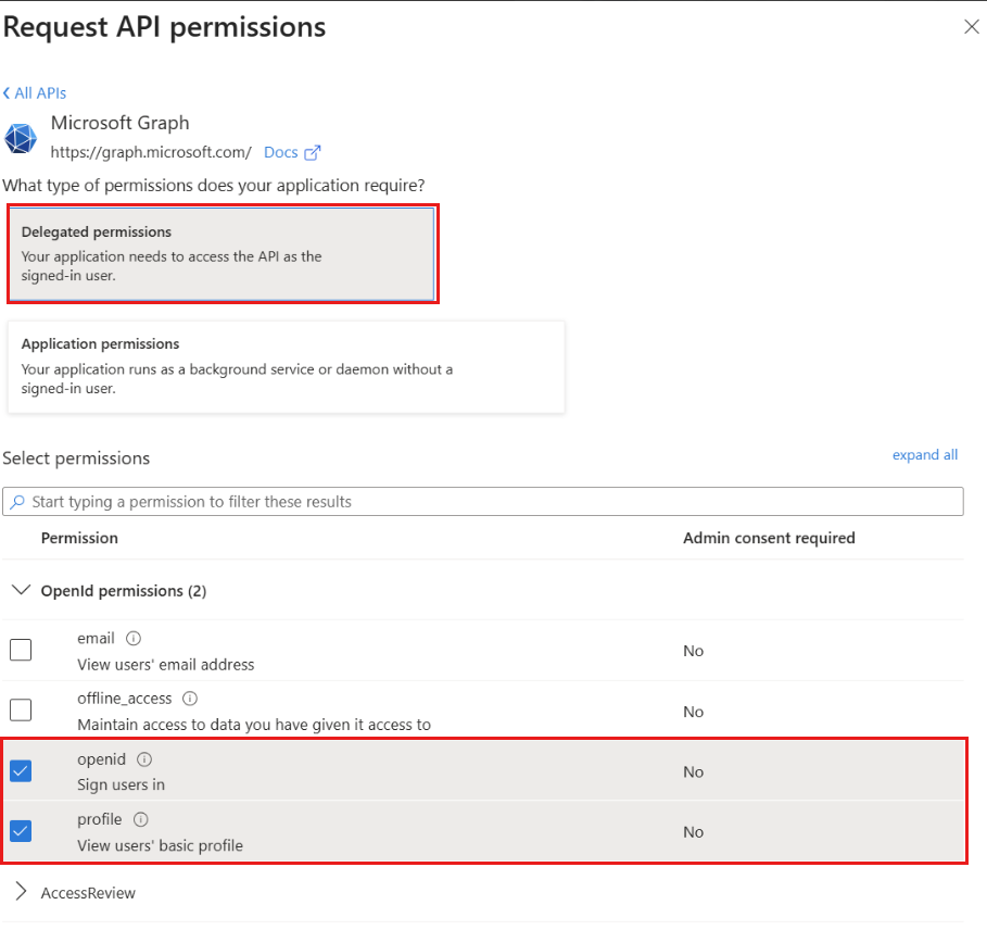 Screenshot showing delegated permissions selection with openid and profile permissions selected.