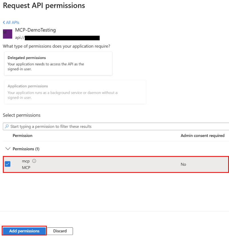Screenshot of the request API permissions with mcp checkbox selected.