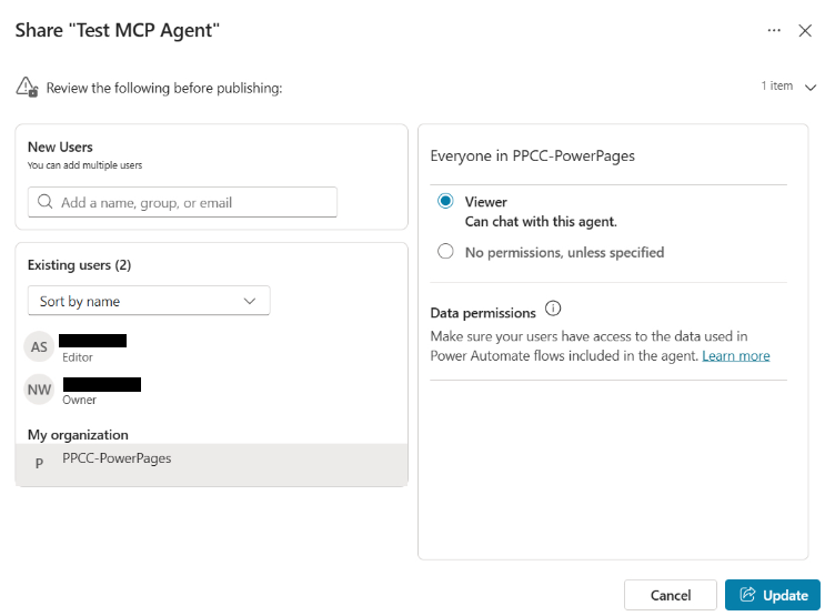 Screenshot of the Share dialog showing user and group access configuration.