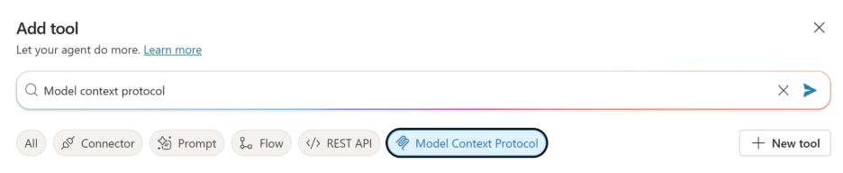 Screenshot of the tool selection dialog with Model Context Protocol in the search results.