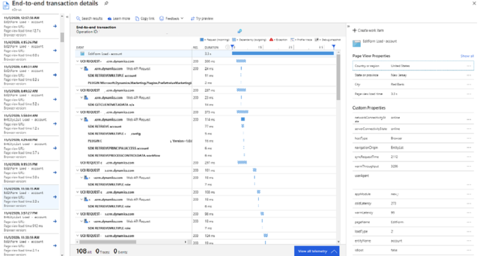 Application Insights Performance end-to-end transaction details.