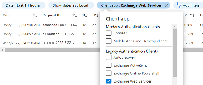 Select Add filters with the Client app = Exchange Web Services