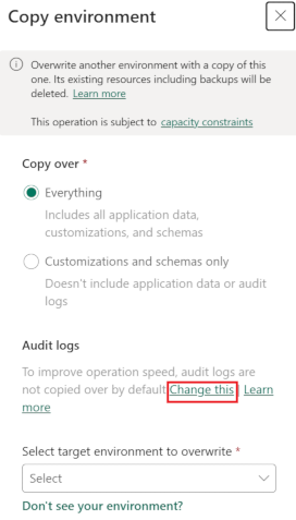 Select Change this to include audit logs.
