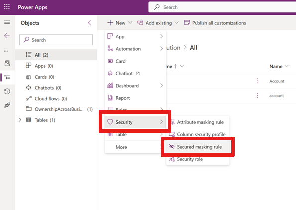 Screenshot showing the location of the Secured masking rule button in Power Apps.