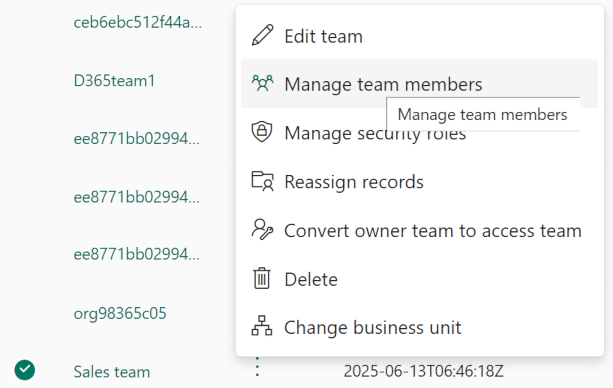Screenshot of managing team members.