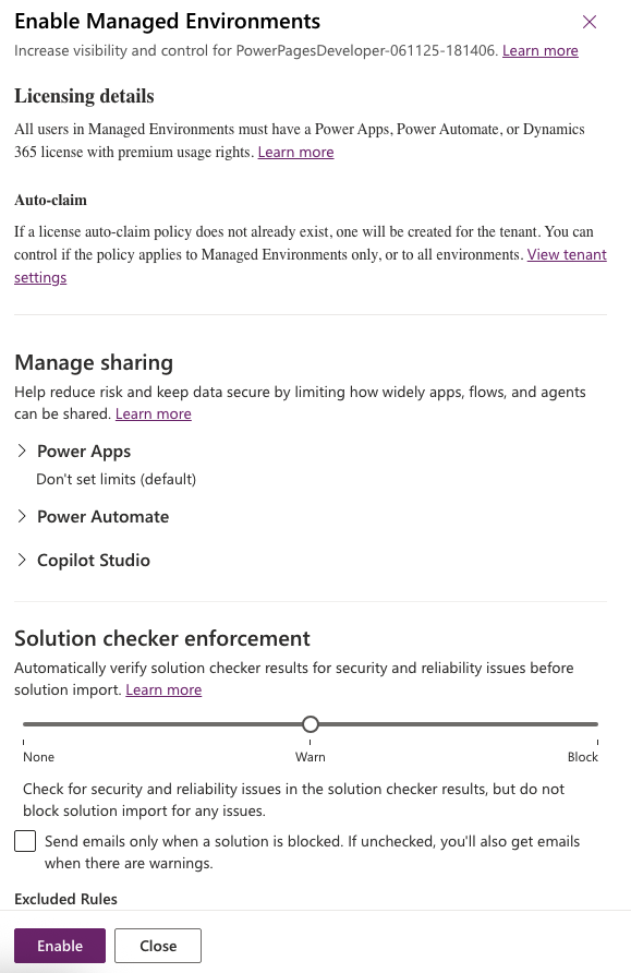 Screenshot of the Enable Managed Environments panel you can access in the Power Platform admin center.
