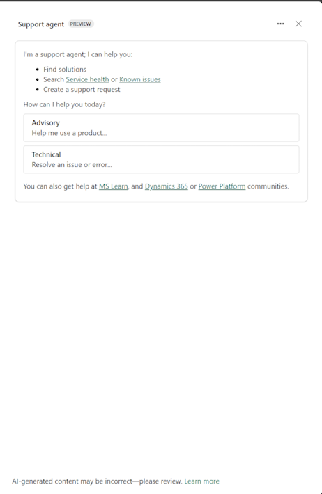 Screenshot shows the Support agent in the Power Platform admin center.