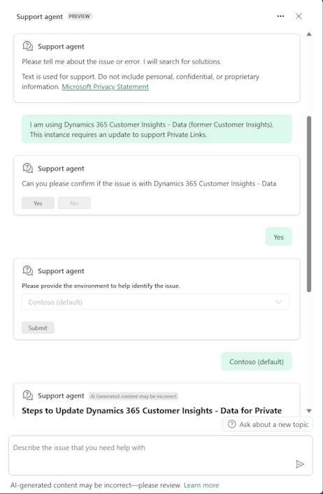 Screenshot shows the Technical section in the Support agent.