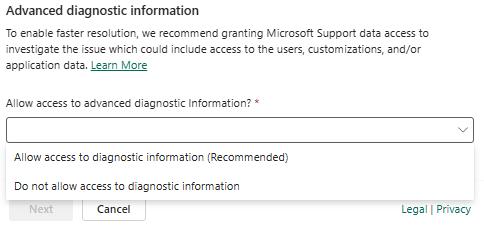 Screenshot of a support request with Allow access for advanced investigation and creation of support environment highlighted.