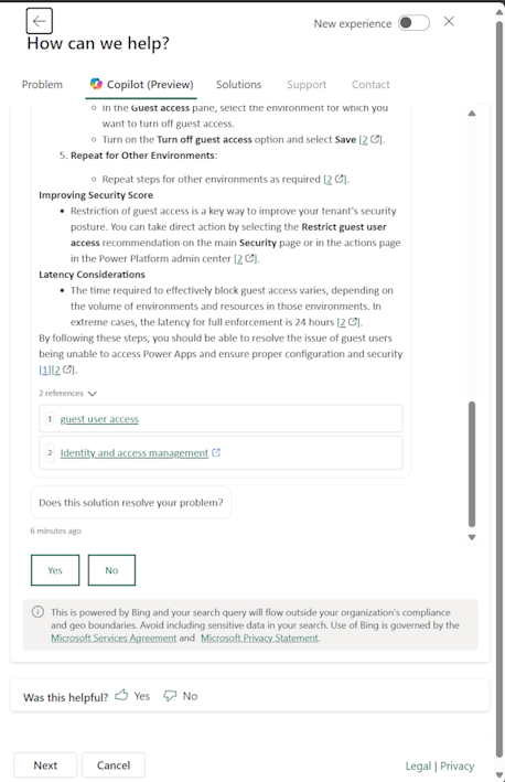 Screenshot shows the Copilot (Preview) tab in the support page.