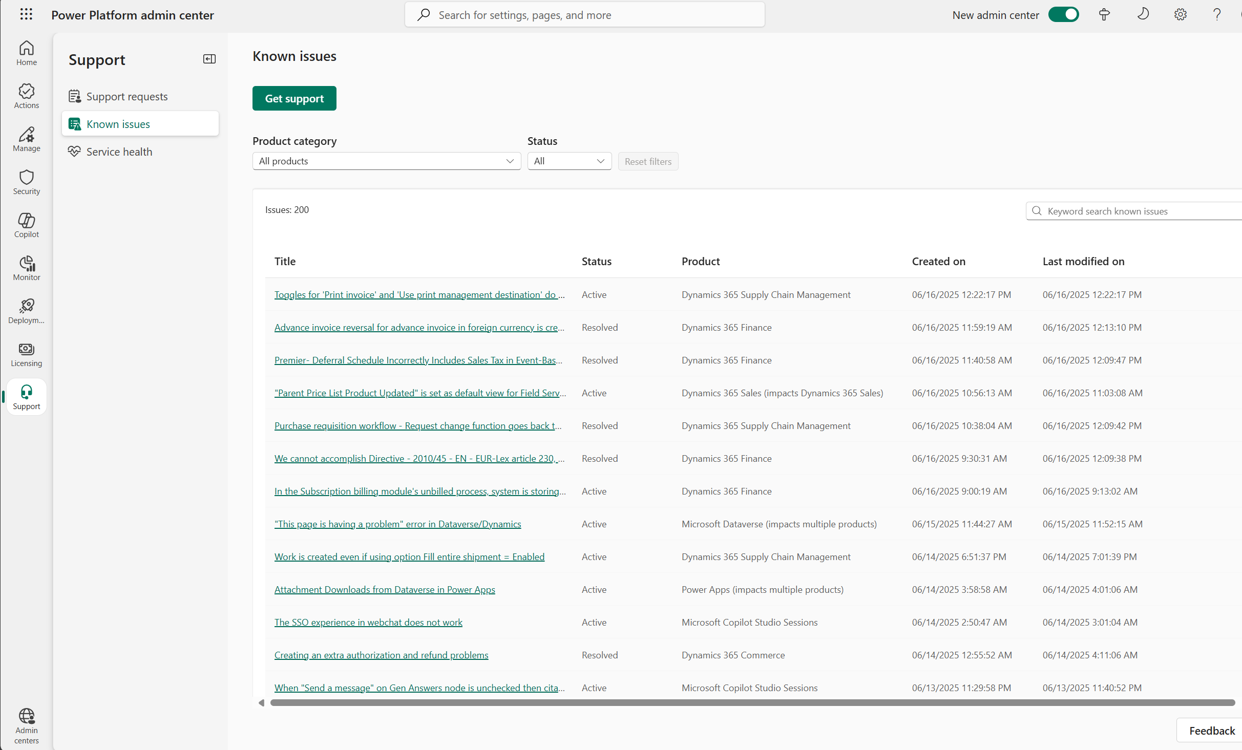 Screenshot that shows the Known issues tab in Power Platform admin center.