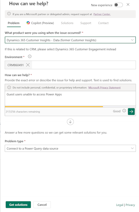 Screenshot shows the Problem tab in the support page.
