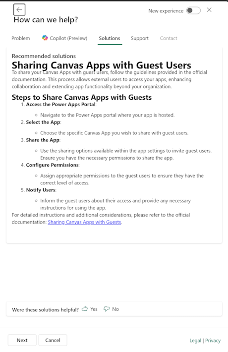 Screenshot shows the Solutions tab in the support page.