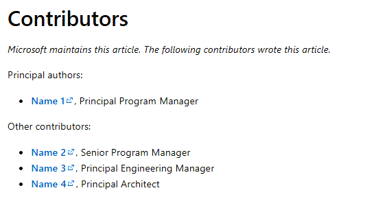 Screenshot of an example Contributors section. The section shows the principal author and three contributors, each with a link to their LinkedIn profile.