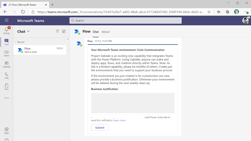 Screenshot from Microsoft Teams prompting a Teams owner to provide a business justification.