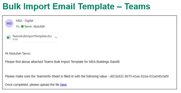 Screenshot of an example email with the Bulk Import Excel worksheet template attached.