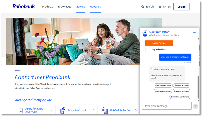 Screenshot of the text-based Copilot Studio agent embedded on Rabobank's website.