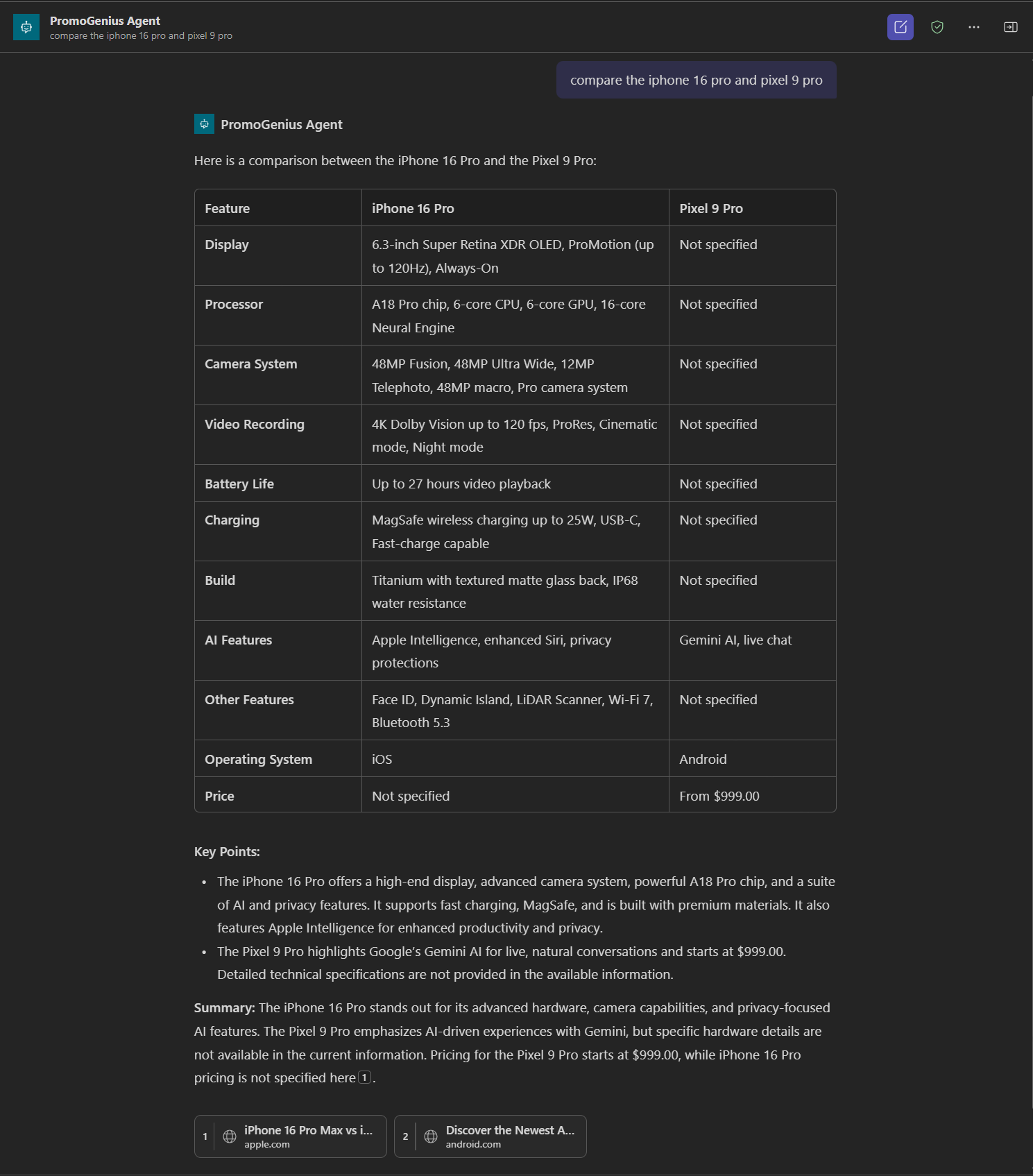 Screenshot of Copilot Studio agent response with device comparison in tabular format.
