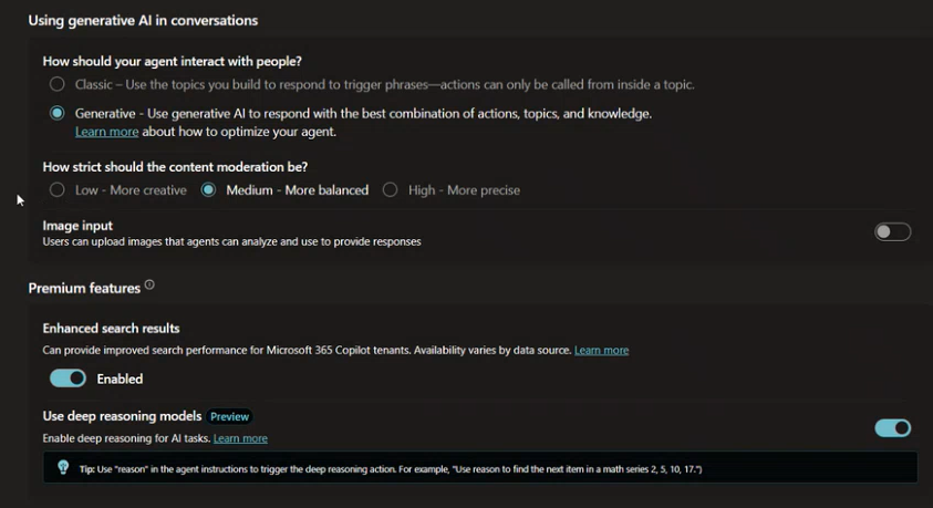 Screenshot of generative AI settings in Copilot Studio agent configuration.