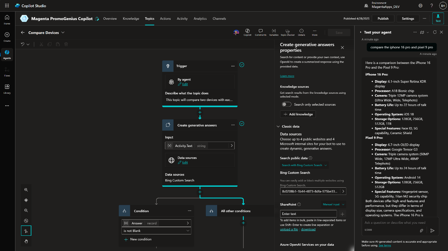 Screenshot of configuration of a Copilot Studio topic named Compare Devices.