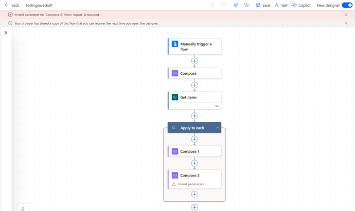 Upon a 'Save' error, or during an outage in Power Automate service, a flow copy is saved to browser.