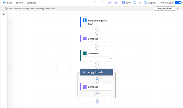 When you return to the designer, your unsaved copy is available behind the Recover button.