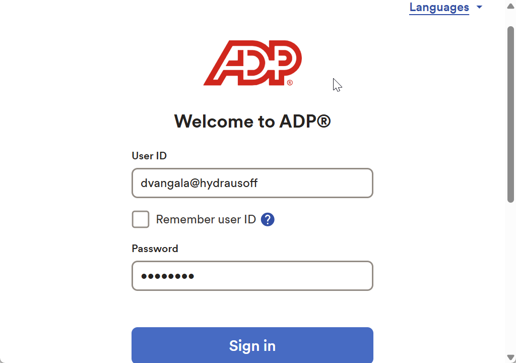Screenshot of the ADP window where you enter your Password in ADP Analytics.
