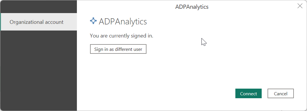 Screenshot of the authentication dialog where you connect to ADP Analytics.