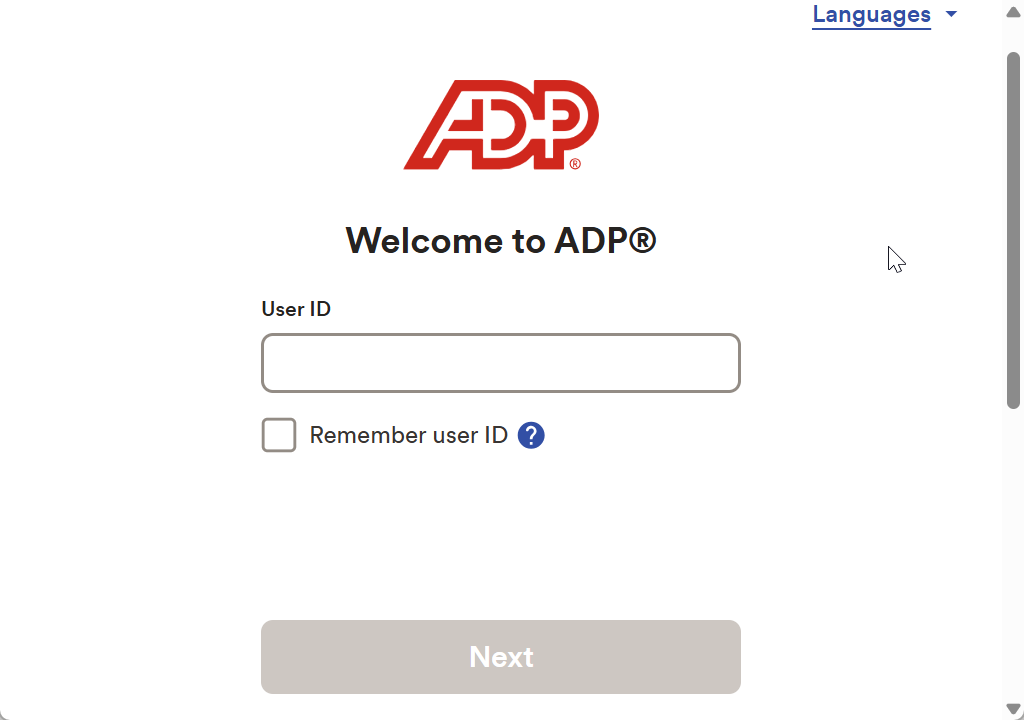 Screenshot of the ADP window where you enter your User ID in ADP Analytics.